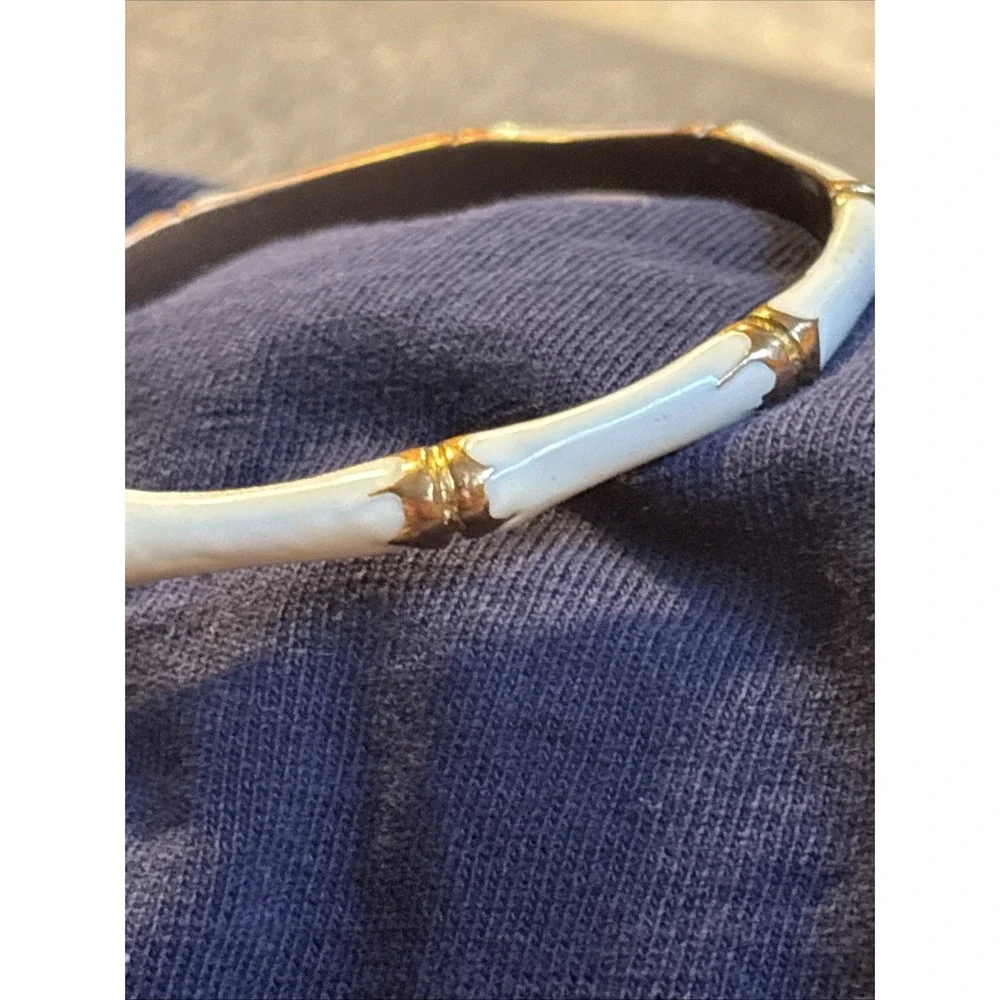 Vintage Enamel Bamboo Gold Tone Bracelet Molded 80's White Coastal Bangle